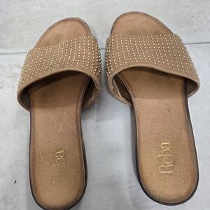 Reba Women's Tan Slide Sandals with Stud Detail